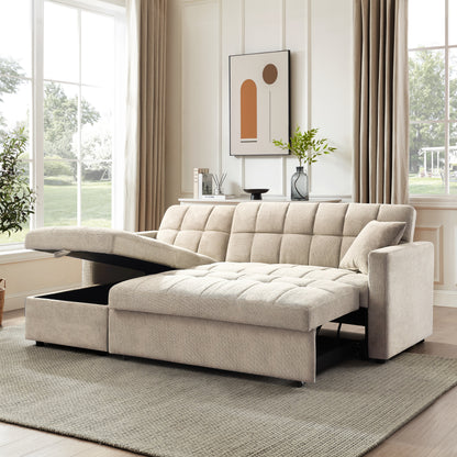 Kayla Pull-Out Sofa Bed With Reversible Storage Chaise, Beige Linen