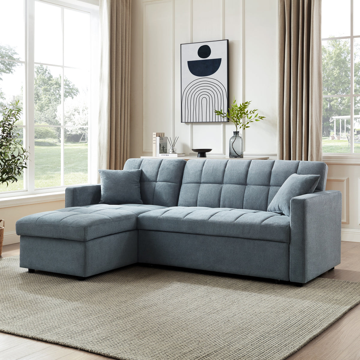 Kayla Pull-Out Corner Sofa Bed with Storage Chaise – Blue Linen