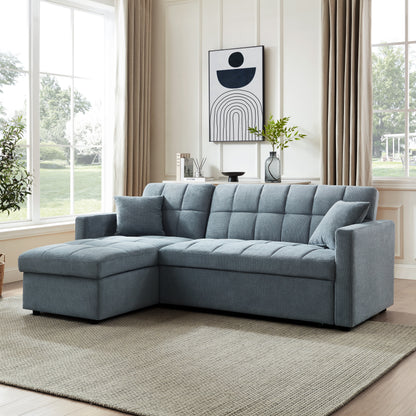 Kayla Pull-Out Corner Sofa Bed with Storage Chaise – Blue Linen