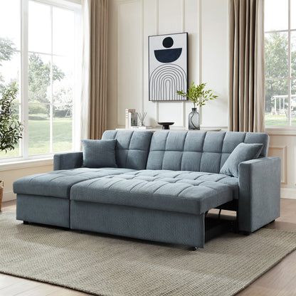 Kayla Pull-Out Corner Sofa Bed with Storage Chaise – Blue Linen