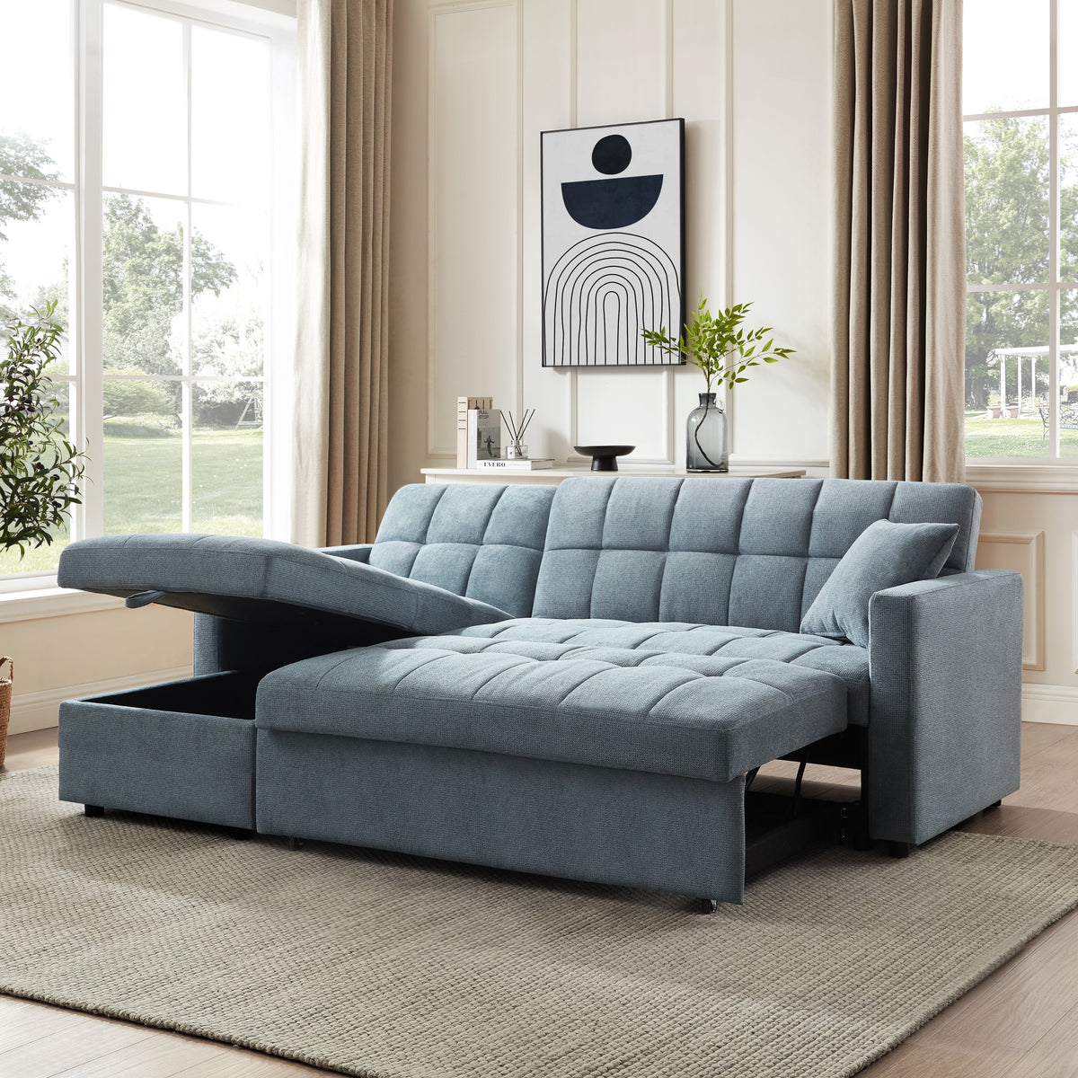 Kayla Pull-Out Corner Sofa Bed with Storage Chaise – Blue Linen