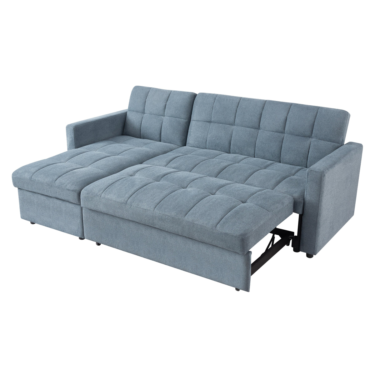 Kayla Pull-Out Corner Sofa Bed with Storage Chaise – Blue Linen