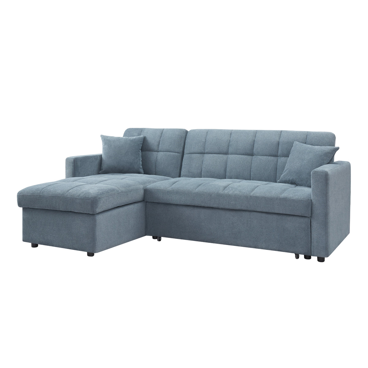 Kayla Pull-Out Corner Sofa Bed with Storage Chaise – Blue Linen