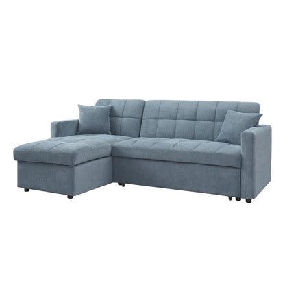 Kayla Pull-Out Corner Sofa Bed with Storage Chaise – Blue Linen