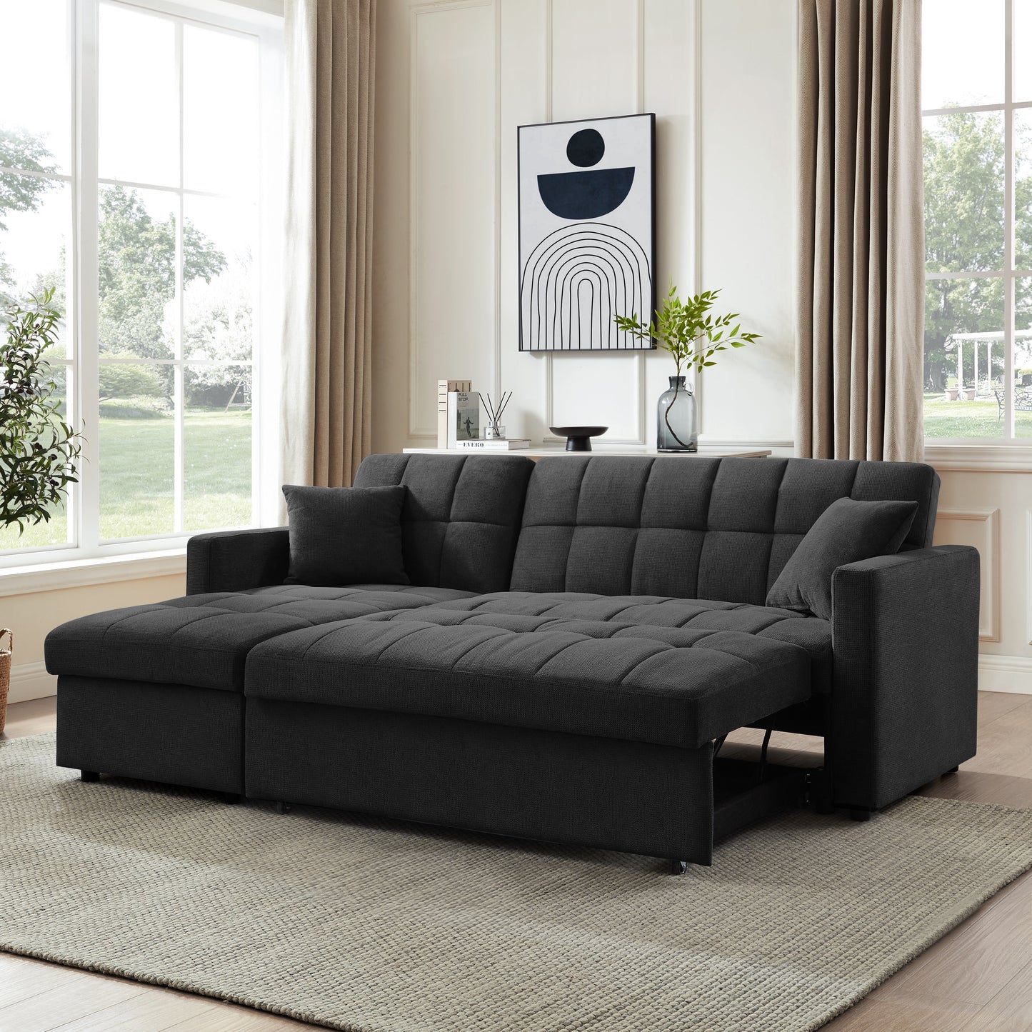 Kayla Pull-Out Sofa Bed With Reversible Storage Chaise, Charcoal Linen