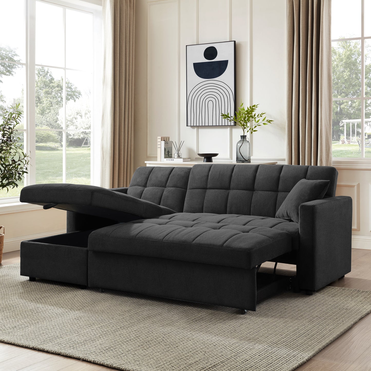Kayla Pull-Out Sofa Bed With Reversible Storage Chaise, Charcoal Linen