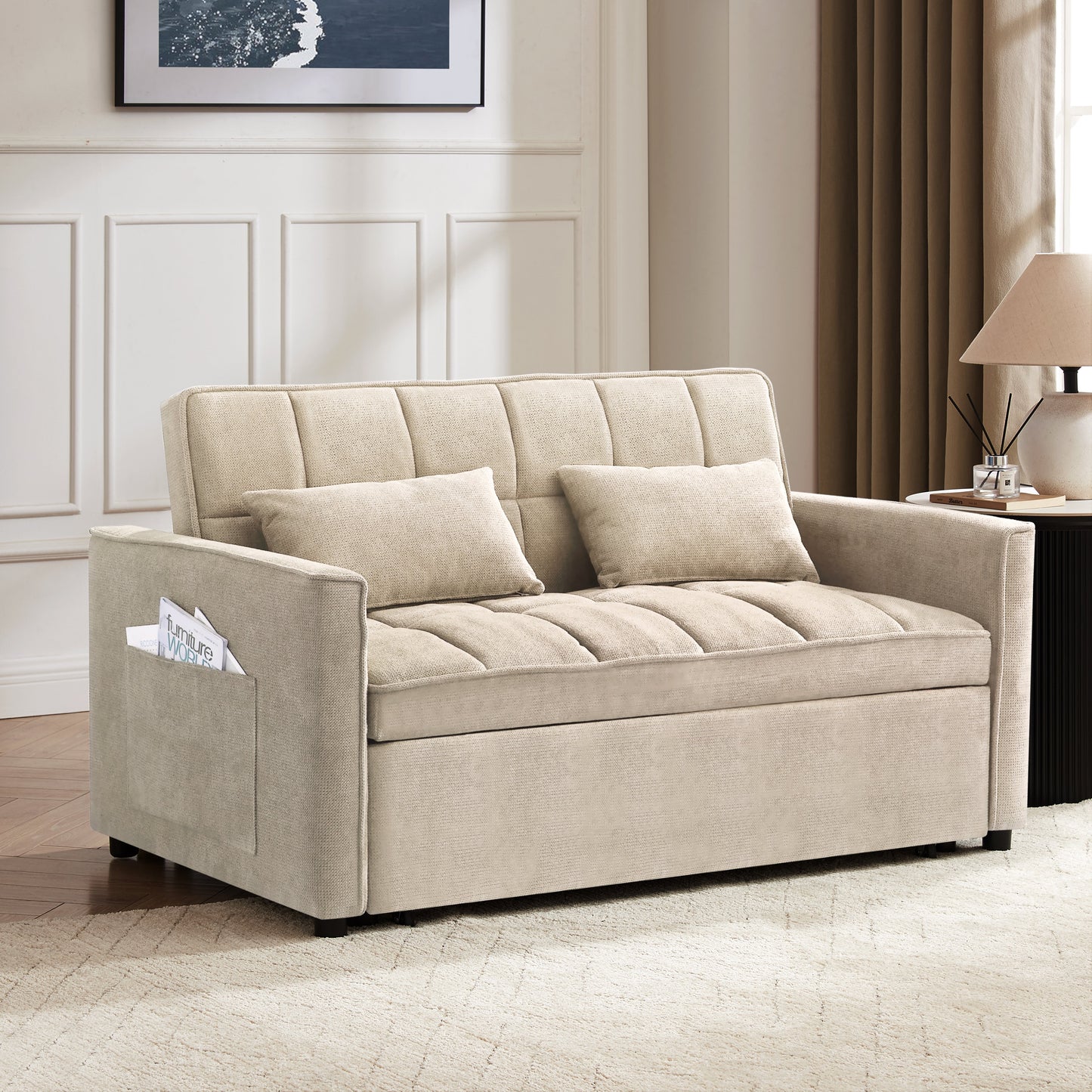 Kayla Pull-Out Sofa Bed, Beige Linen