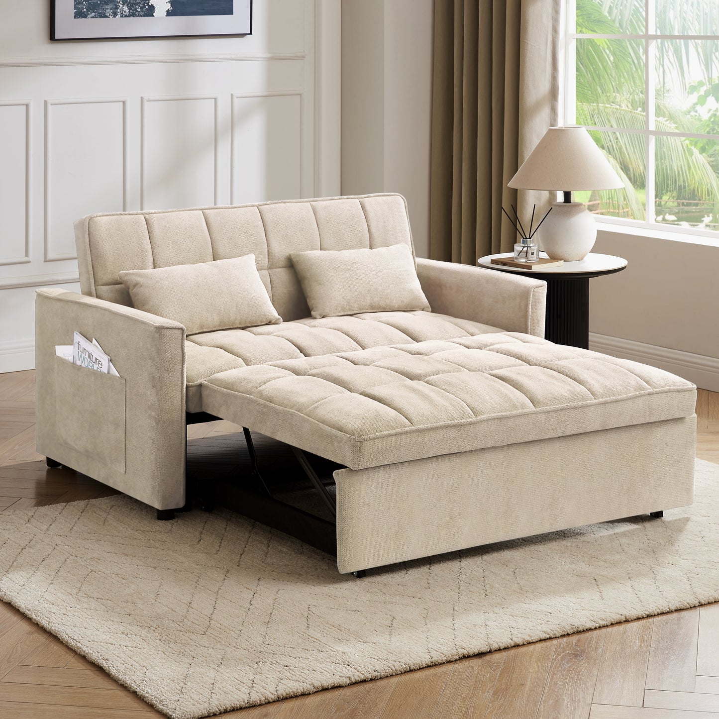 Kayla Pull-Out Sofa Bed, Beige Linen