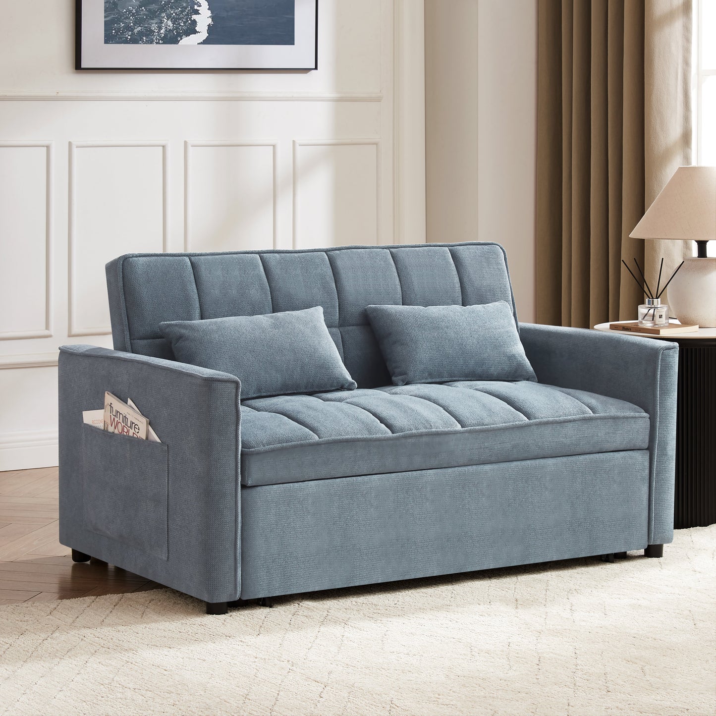 Kayla Pull-Out Sofa Bed, Blue Linen