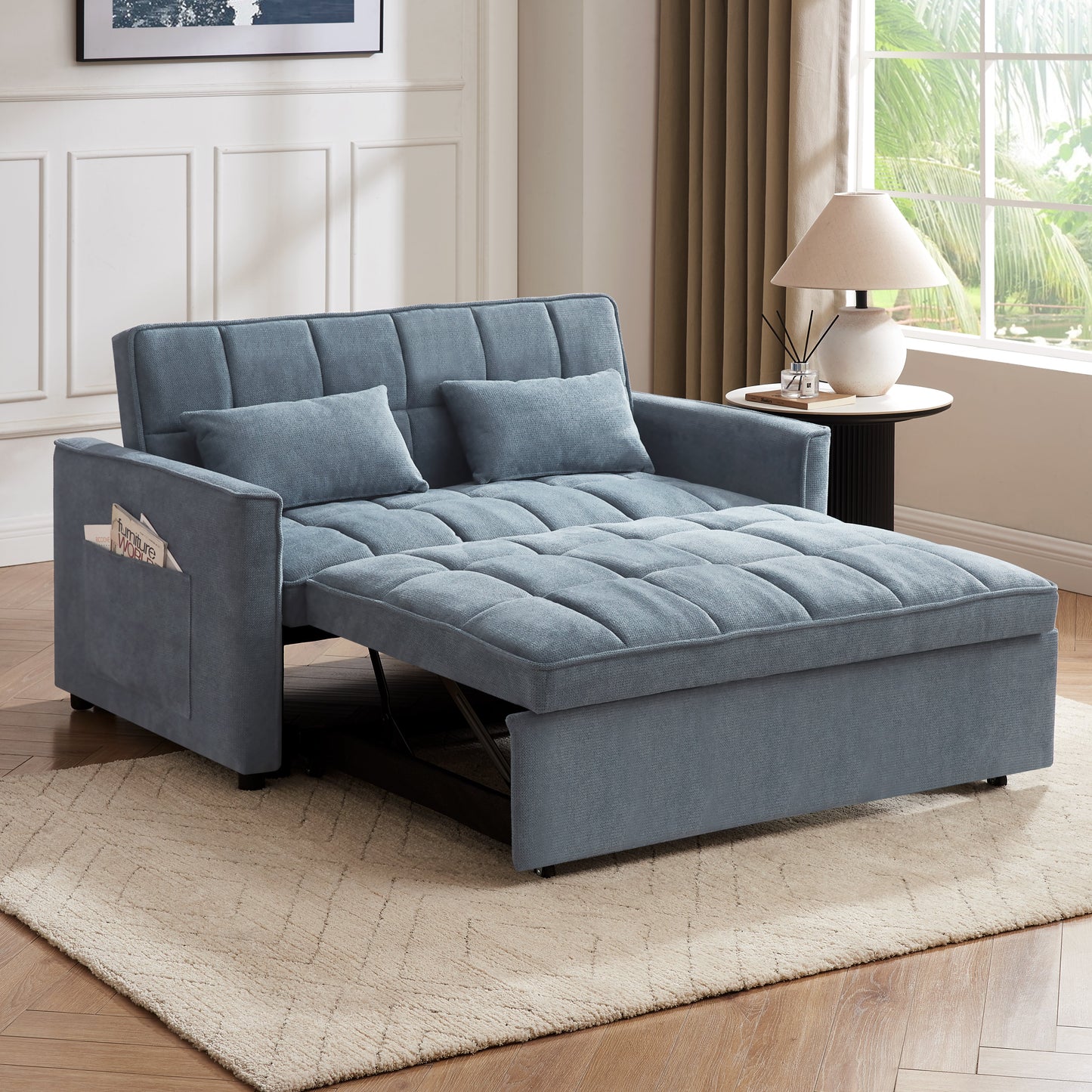 Kayla Pull-Out Sofa Bed, Blue Linen