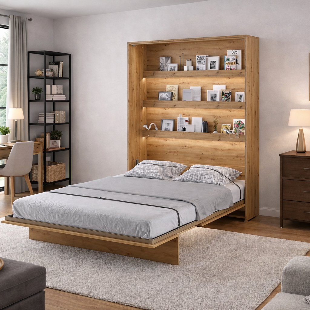 Modern bedroom with wooden bed frame, desk, and shelves.