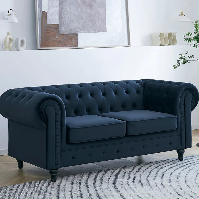 Chesterfield Pleat Midnight Blue Velvet Sofa 2s