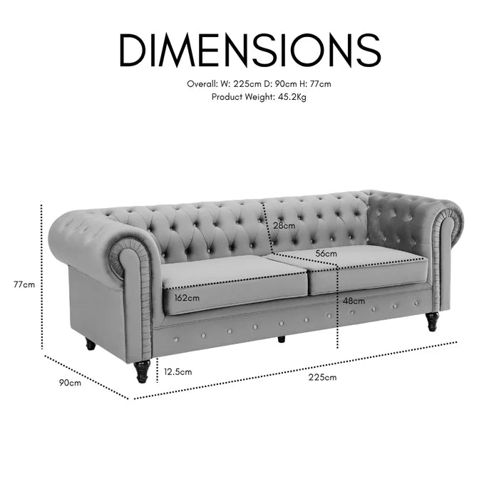 Chesterfield Pleat Midnight Blue Velvet Sofa 3s