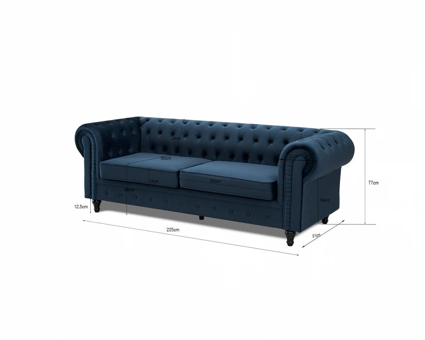Chesterfield Pleat Midnight Blue Velvet Sofa 3s