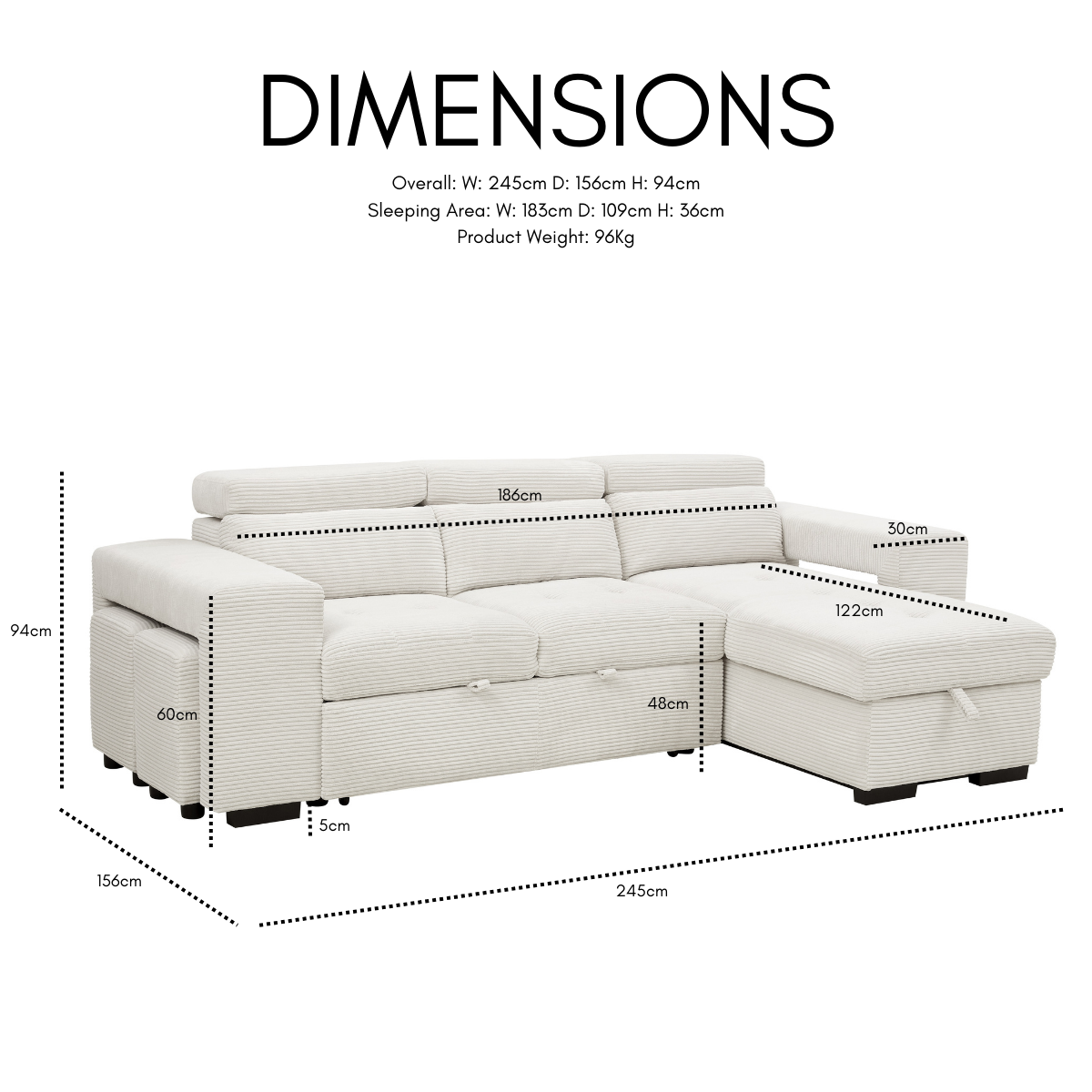 Clara Sofa Bed With Chaise, Cream Jumbo Cord