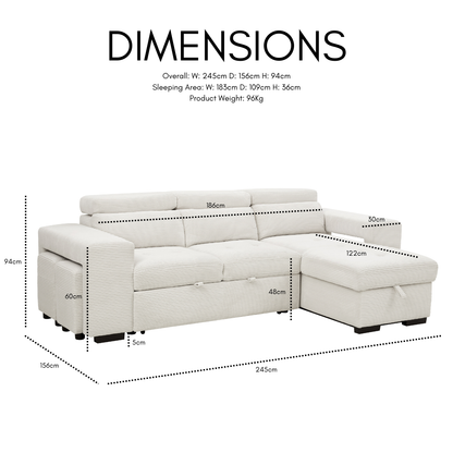 Clara Sofa Bed With Chaise, Cream Jumbo Cord