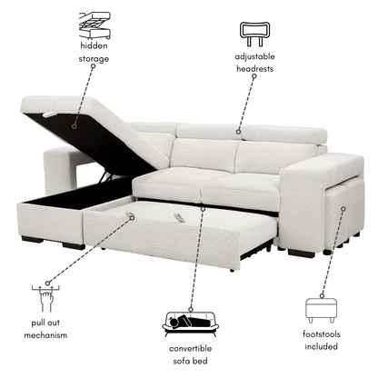 Clara Sofa Bed With Chaise, Cream Jumbo Cord