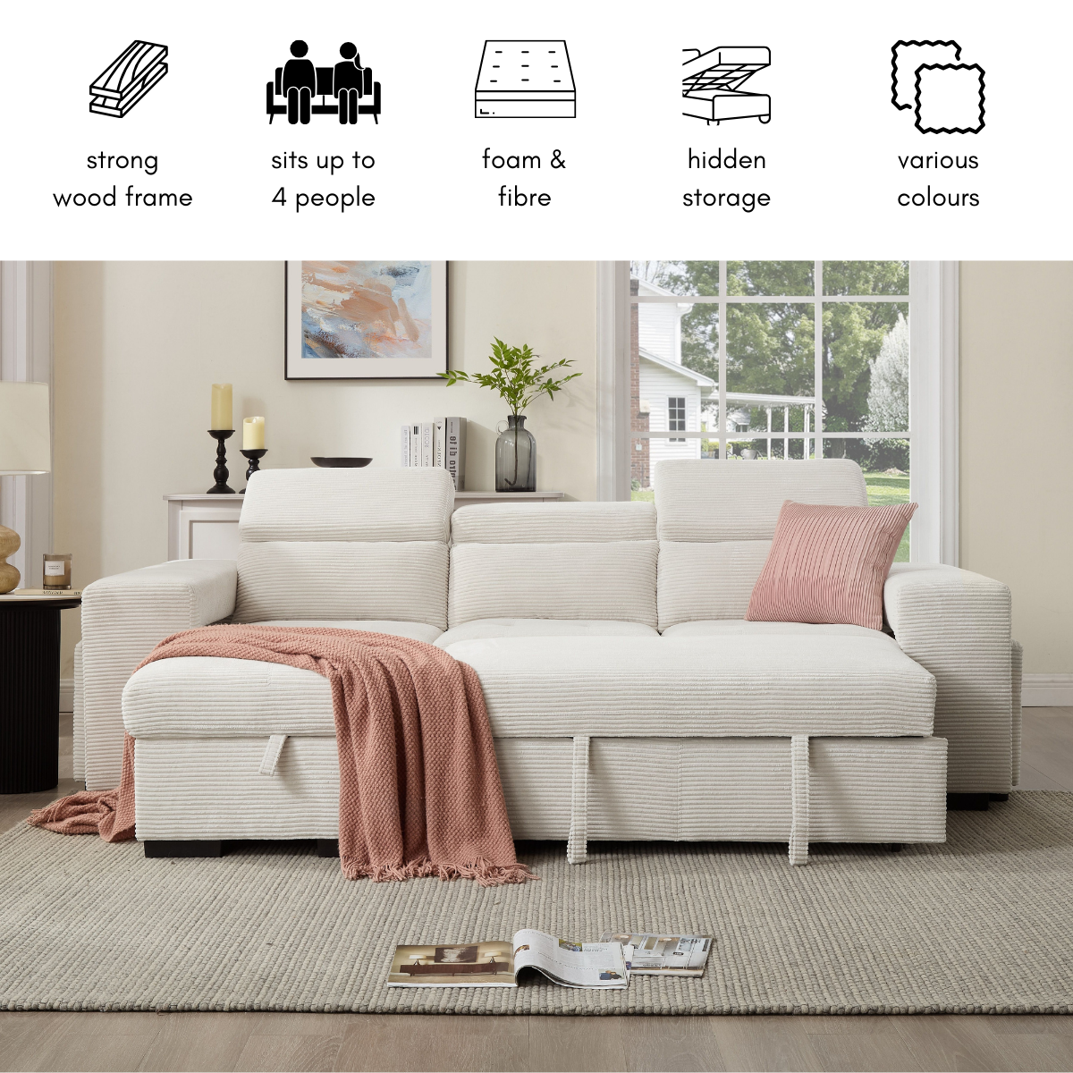 Clara Sofa Bed With Chaise, Cream Jumbo Cord