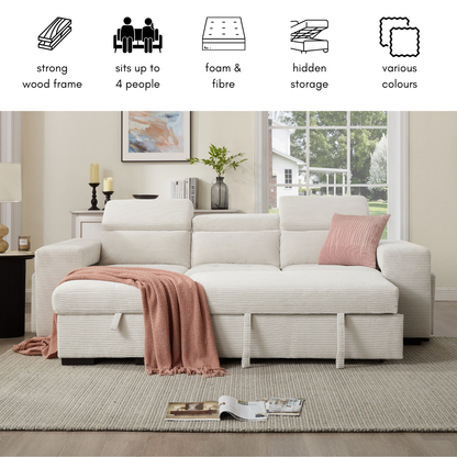 Clara Sofa Bed With Chaise, Cream Jumbo Cord