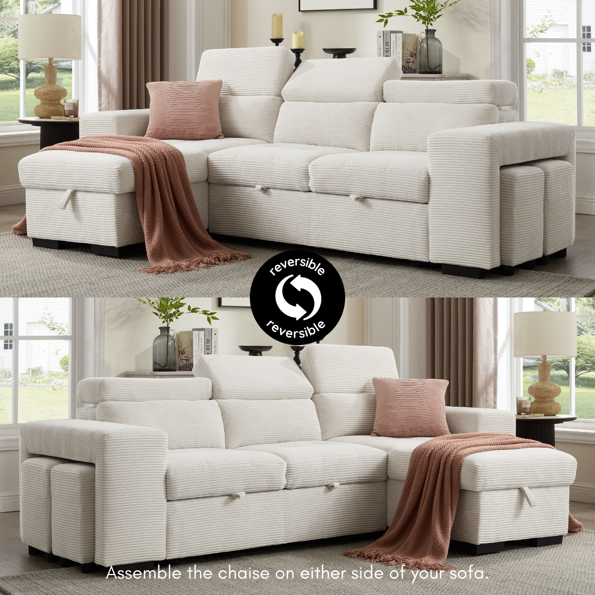 Clara Sofa Bed With Chaise, Cream Jumbo Cord