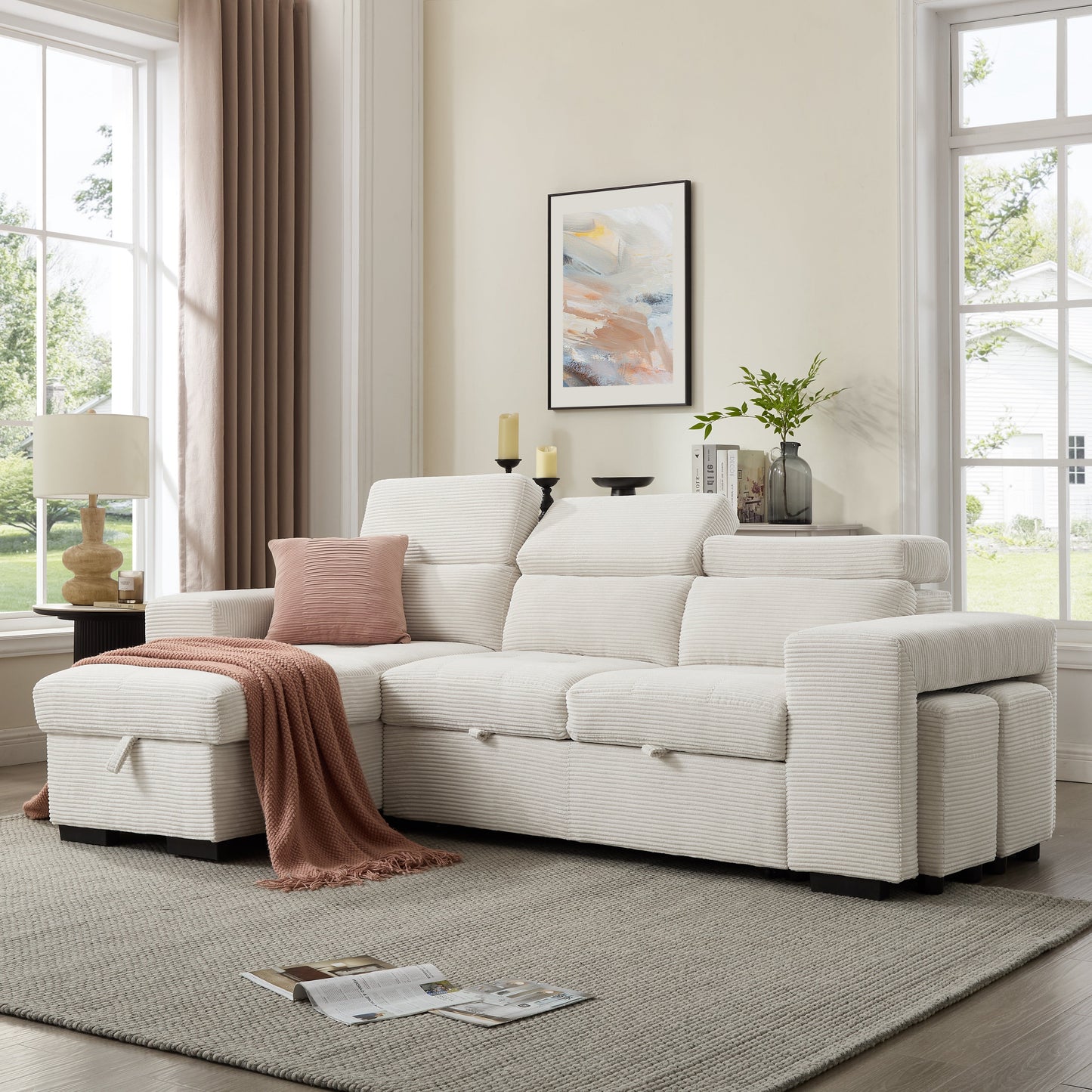 Clara Sofa Bed With Chaise, Cream Jumbo Cord