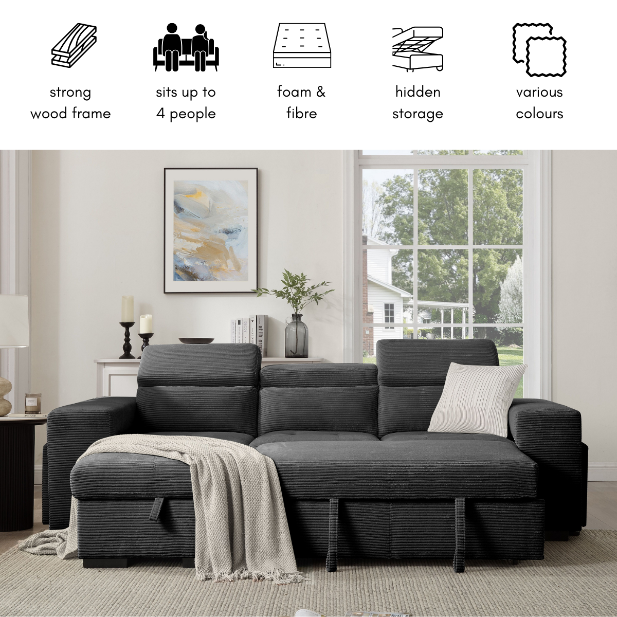 Clara Sofa With Chaise, Charcoal Jumbo Cord