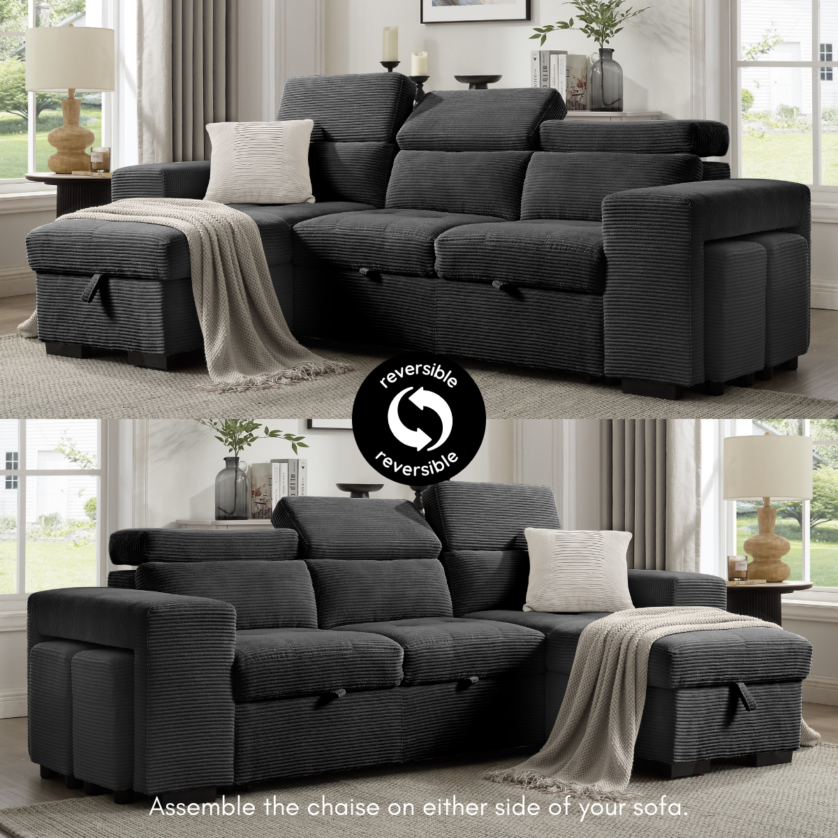 Clara Sofa With Chaise, Charcoal Jumbo Cord