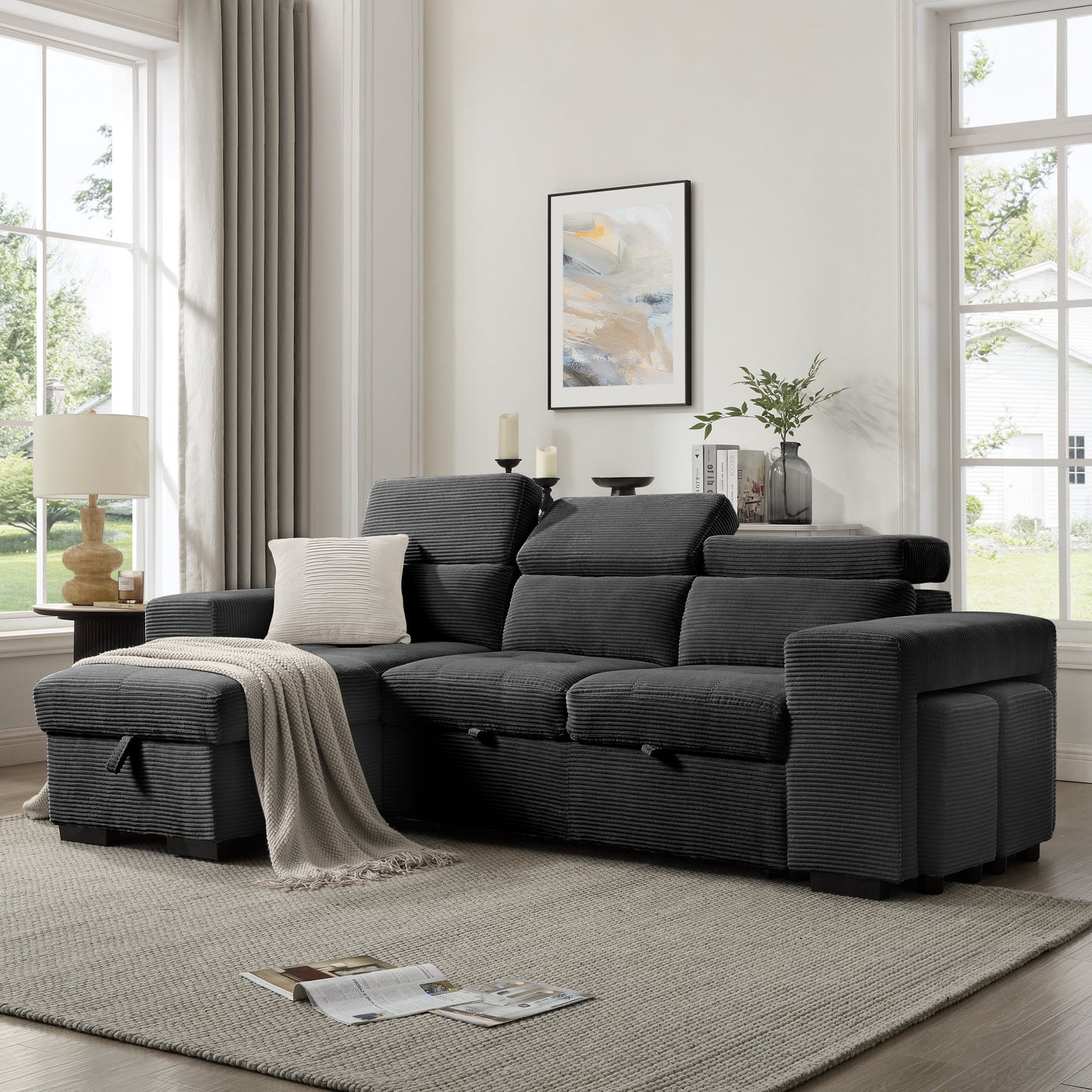 Clara Sofa With Chaise, Charcoal Jumbo Cord