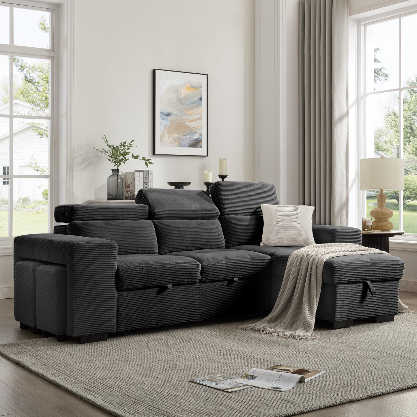 Clara Sofa With Chaise, Charcoal Jumbo Cord