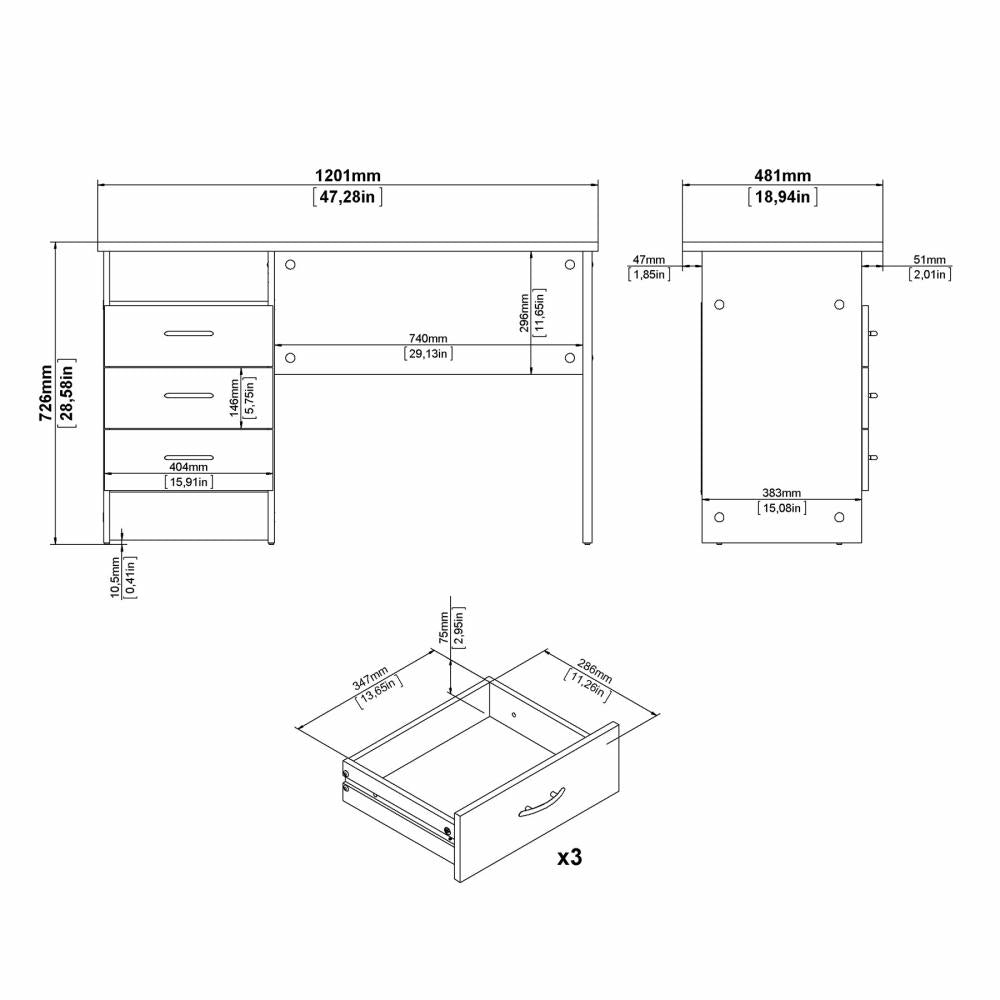Function Plus Desk with 3 Drawers - White