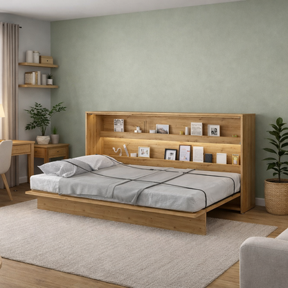 Modern bedroom with wooden bed, desk, and shelves.