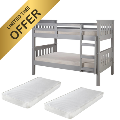 Alfie Bunk Bed - Grey With 2 Budget Mattress