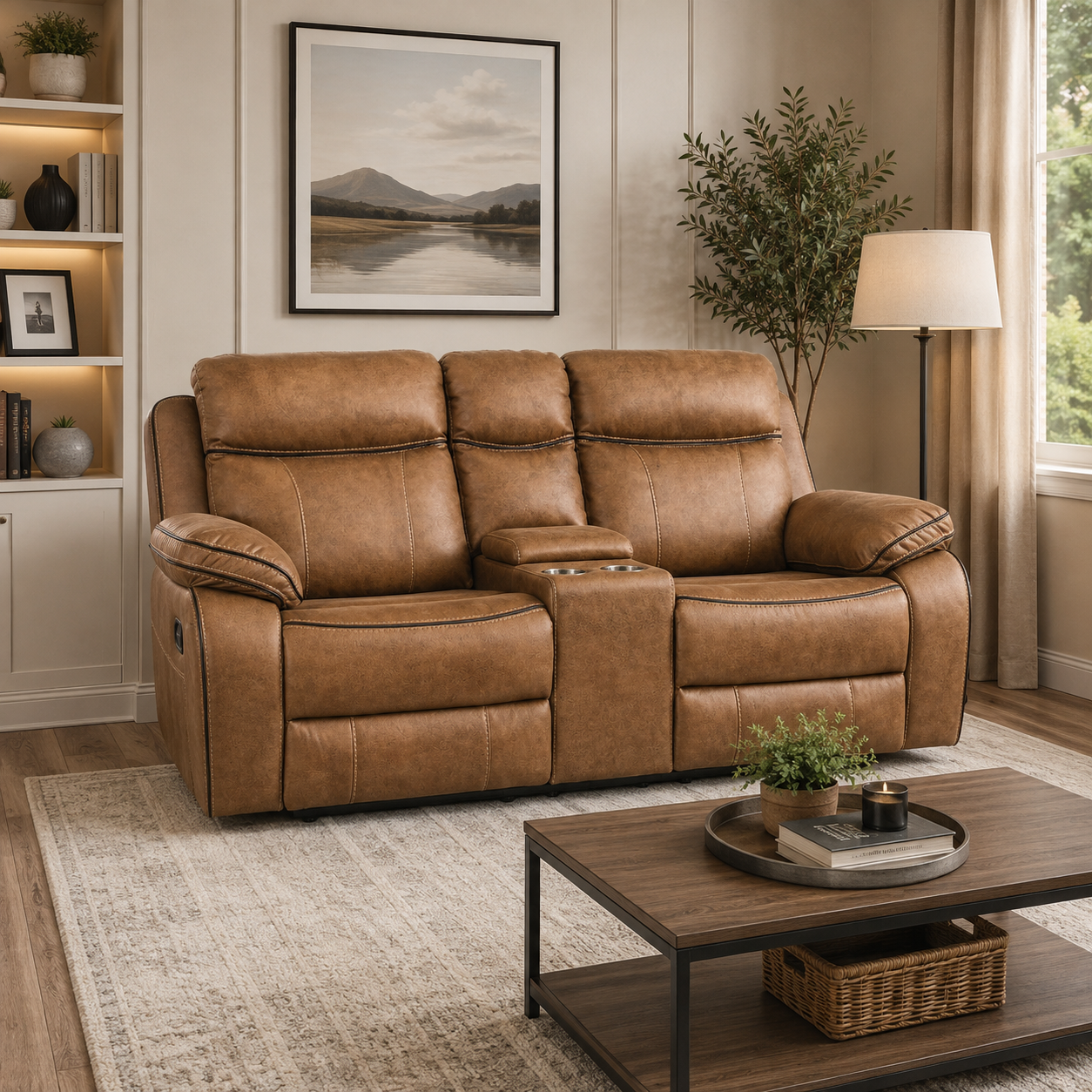 Killmore 2 Seater Fabric Manual Recliner With Console - Tan