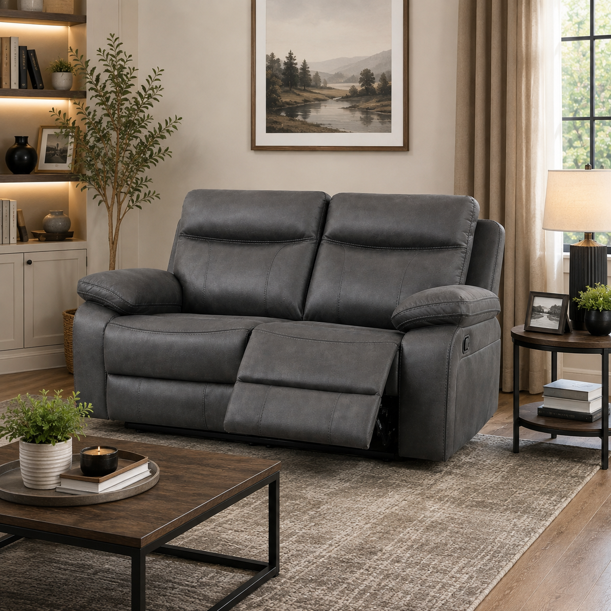 Killmore 2 Seater Fabric Manual Recliner With Console - Gun Metal