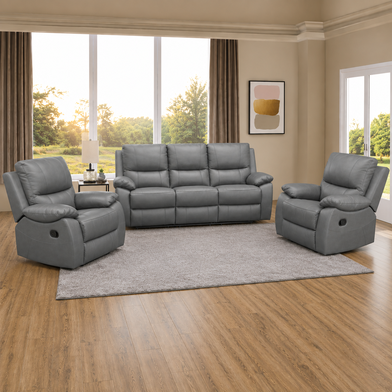 Galway 3RR +1R +1R Seater Leather Manual Recliner-Grey