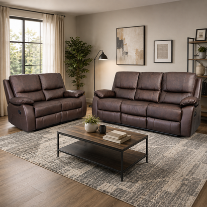 Galway 3RR + 2RR Seater Leather Manual Recliner-Brown