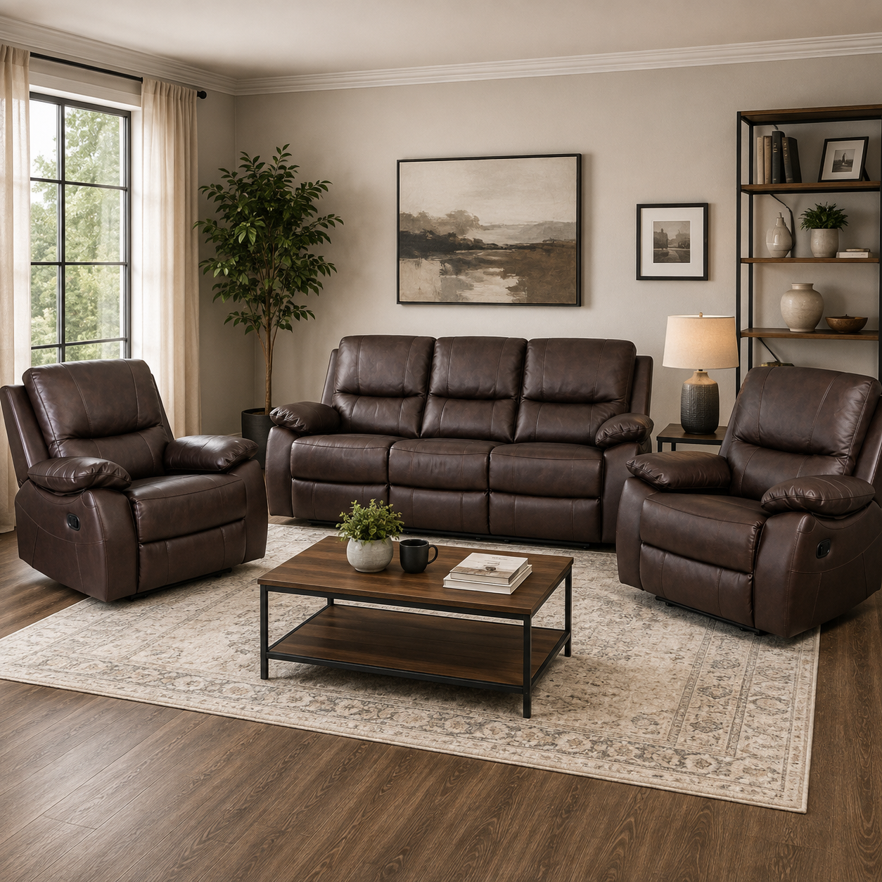 Galway 3RR +1R +1R Seater Leather Manual Recliner-Brown