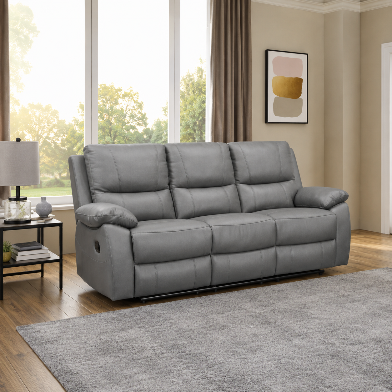 Galway 3 Seater Leather Manuel Recliner- Grey