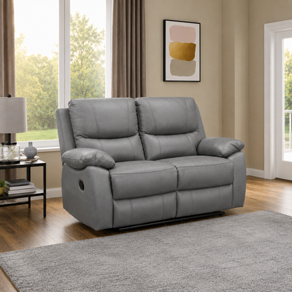 Galway 2 Seater Leather Manuel Recliner- Grey
