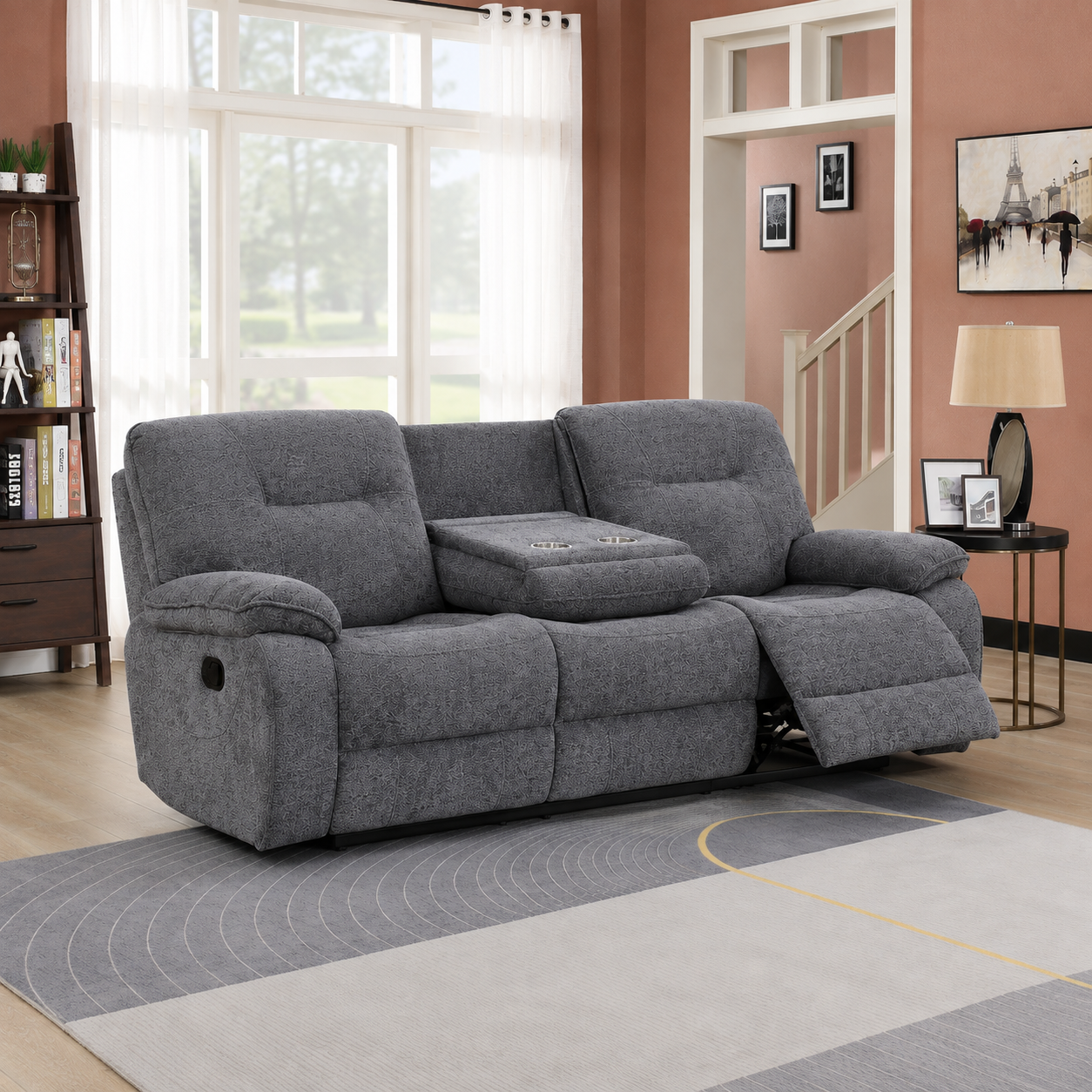 Limerick 3 Seater Fabric Recliner with pull down tray- Dark Grey
