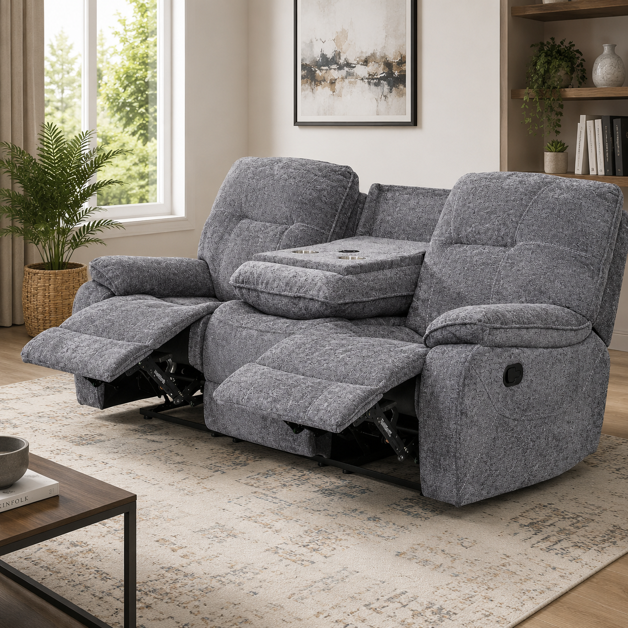 Castlegreen 3 Seater Fabric Recliner with pull down tray- Dark Grey