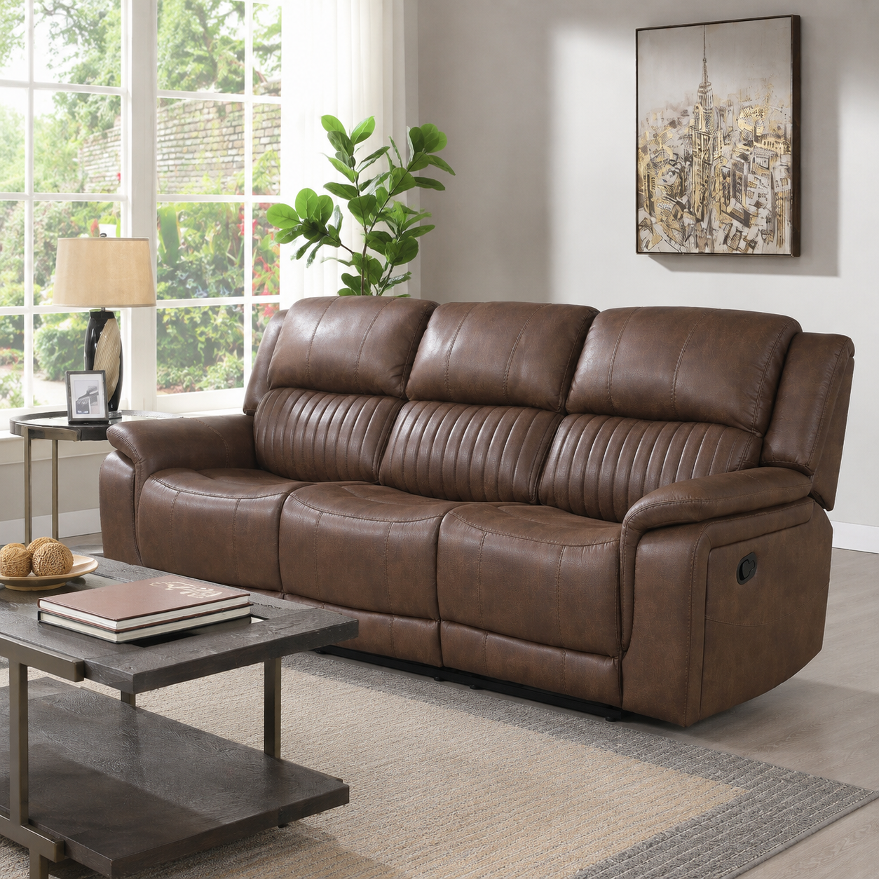 Westport 3 Seater Fabric Manual Recliner- with Pull Down Tray- Dark Brown