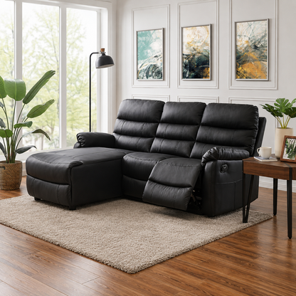 Lucas 3 Seater Faux Leather Recliner Sofa with left side facing chaise - Black