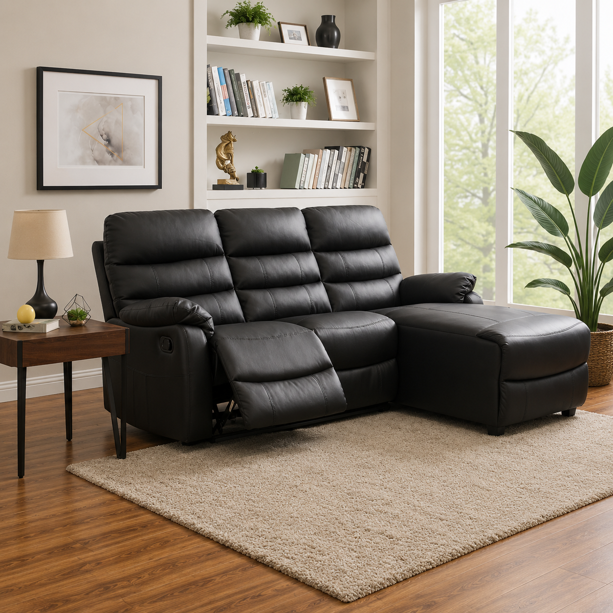 Lucas 3 Seater Faux Leather Recliner Sofa with right side facing chaise - Black