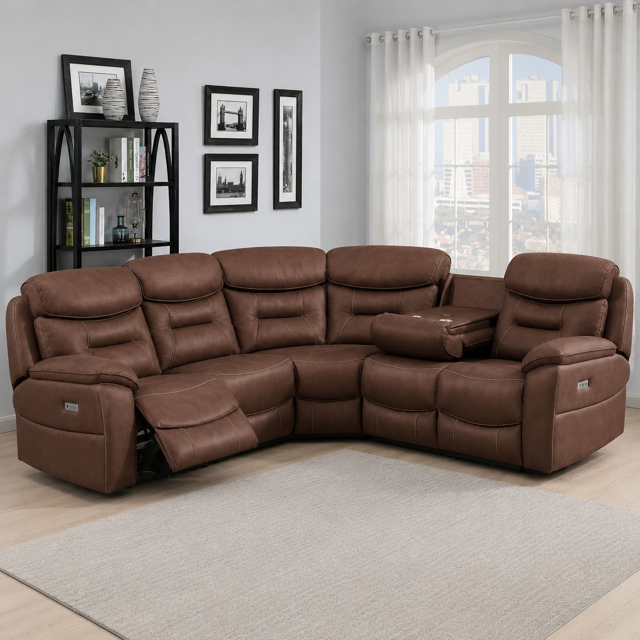 Palma Corner Sofa -  Sectional 2-C-2 with Drop Down Table - Chestnut