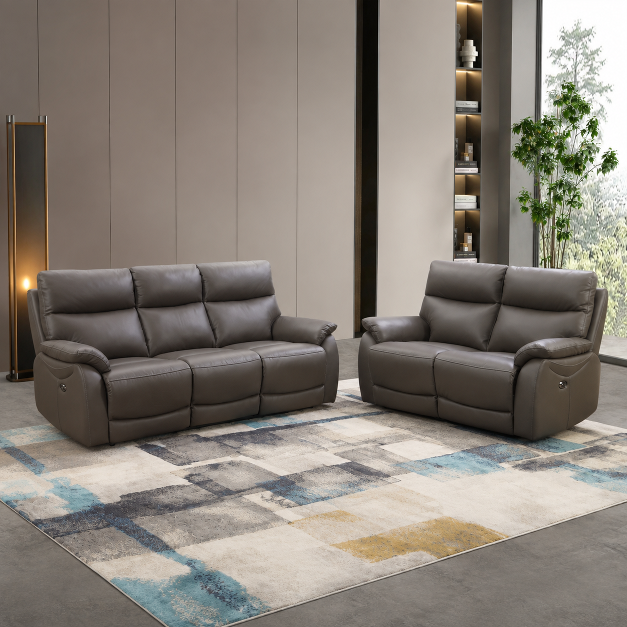 Hilltown 3RR +2R  Seater Leather Electric Recliner- Grey