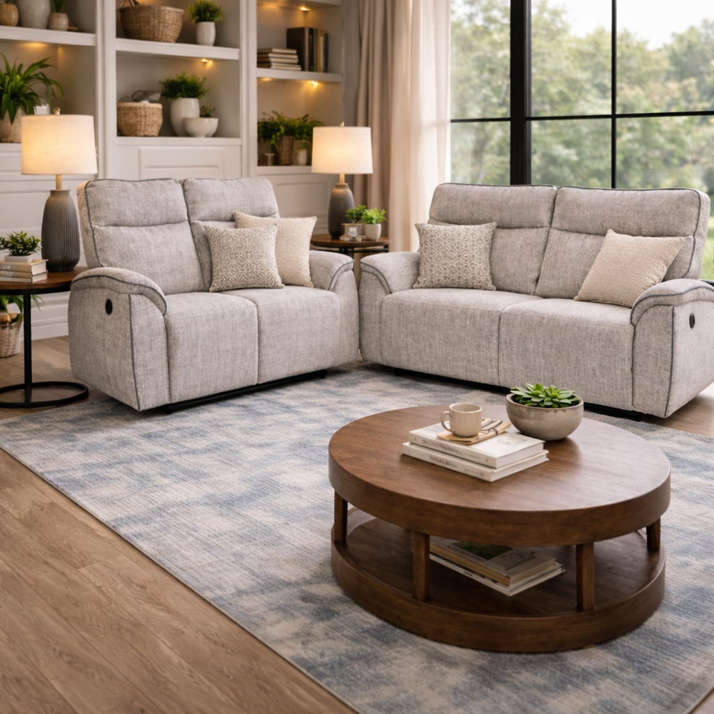Ashtown 3+2 Fabric Recliner Suite - Light Grey