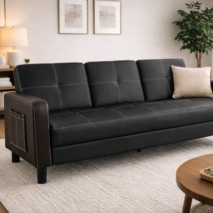 Florida 3 Seater Faux Leather Sofa Bed  Modern Design with Magazine Pocket Cup Holder - Black