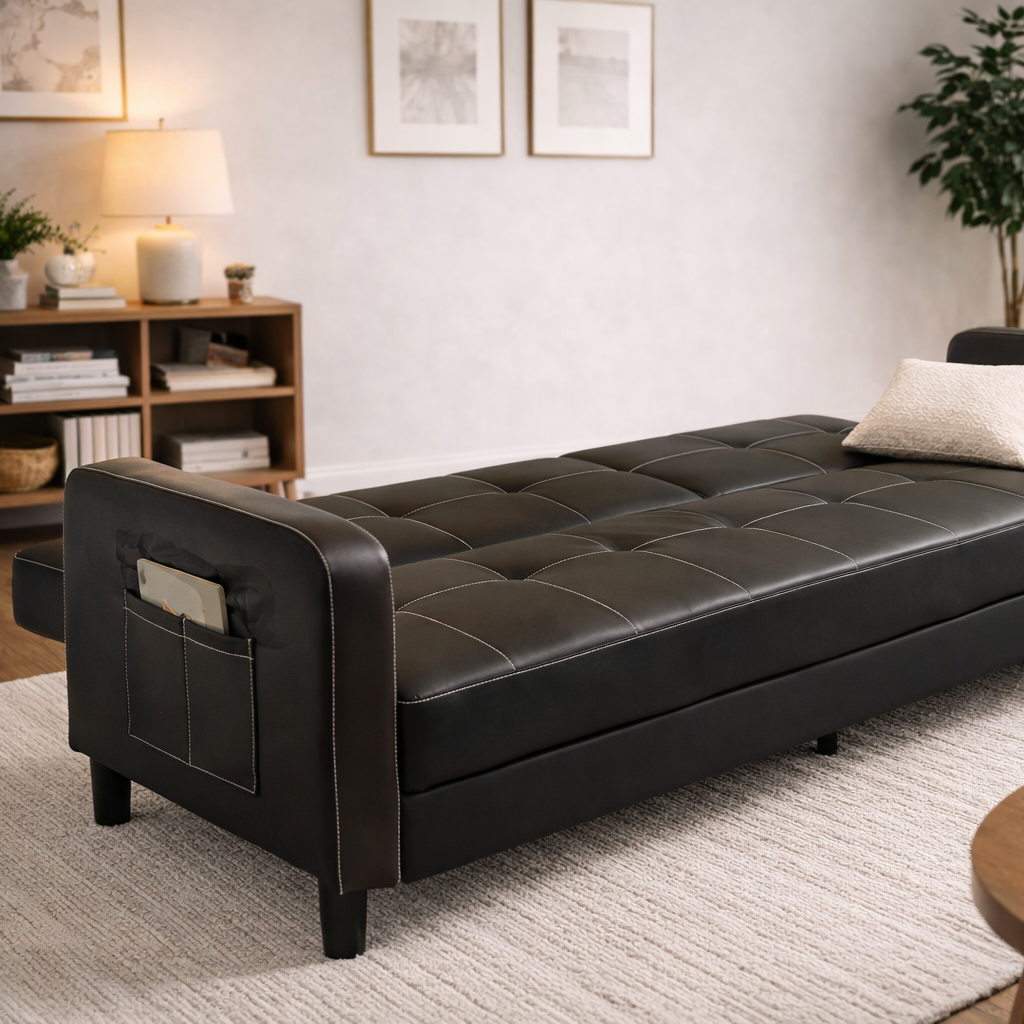 Florida 3 Seater Faux Leather Sofa Bed  Modern Design with Magazine Pocket Cup Holder - Black