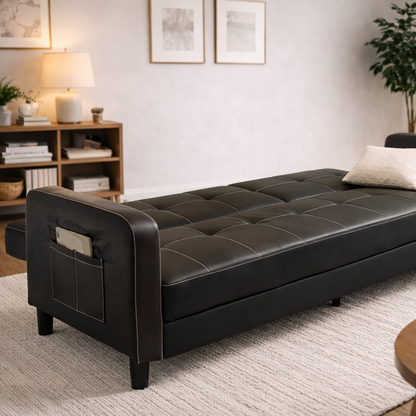 Florida 3 Seater Faux Leather Sofa Bed  Modern Design with Magazine Pocket Cup Holder - Black